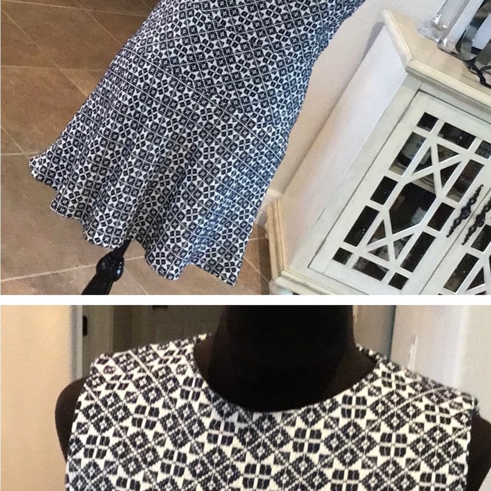 Tory Burch geometric pattern back zip, sleeveless dress, black/white, size 12